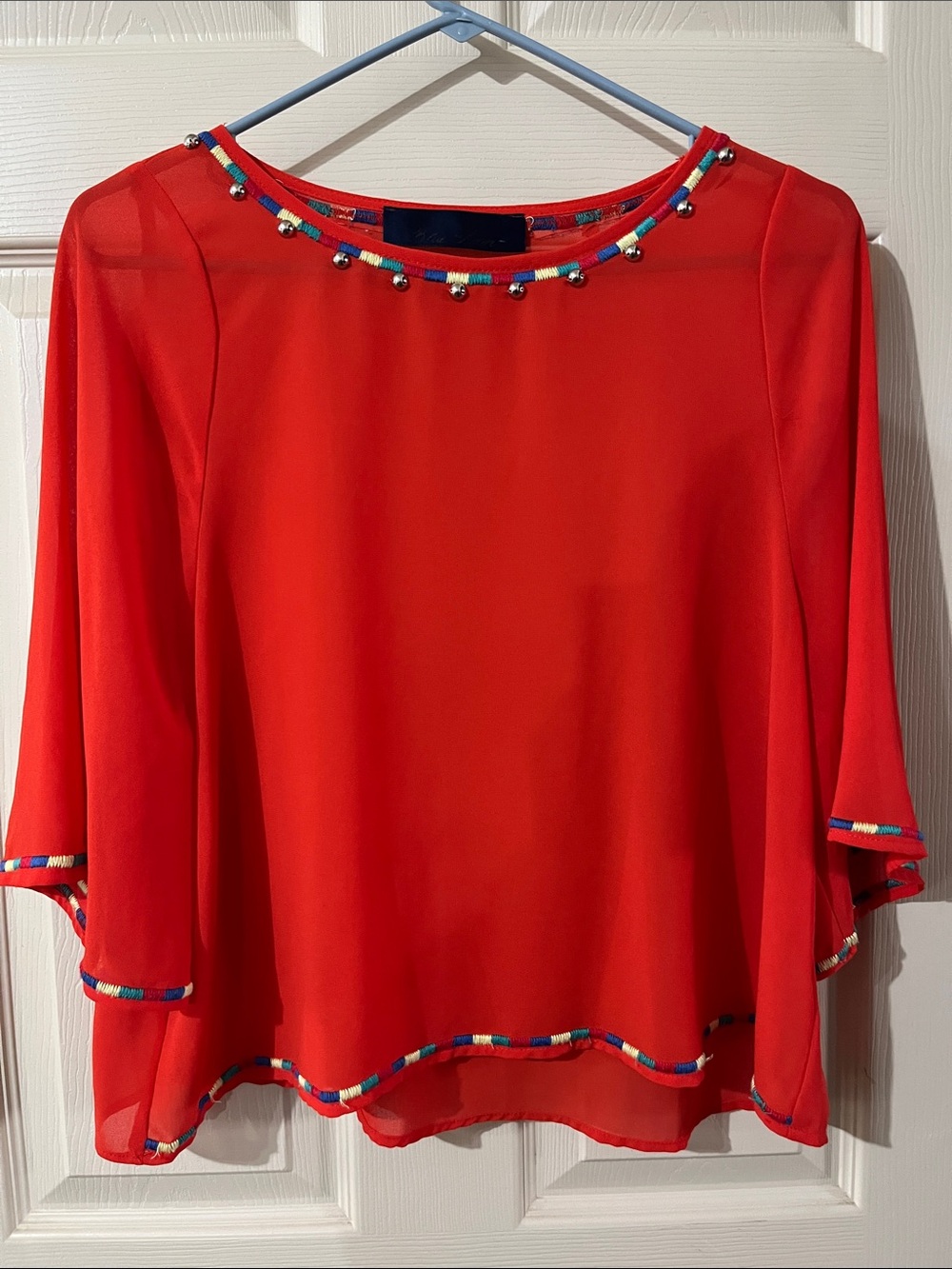 Embellished Red Chiffon Blouse with Beaded Trim